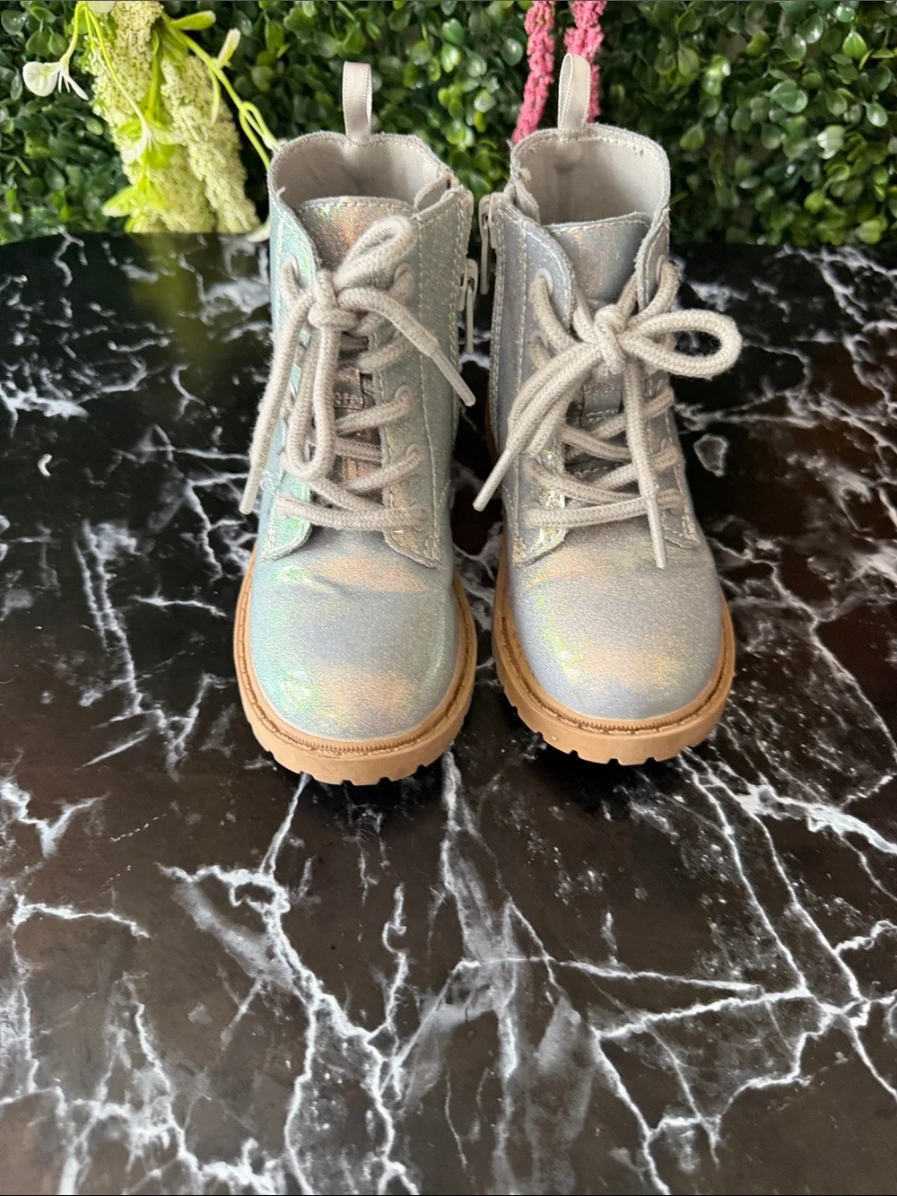 Old Navy Iridescent Silver Holographic Lace-Up Kids Boots